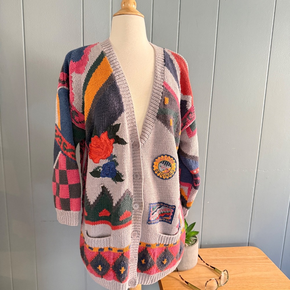 Together! Vtg 90s Patchwork Colorblock Cardigan FLAW 3/4 Sleeve L Embroidered